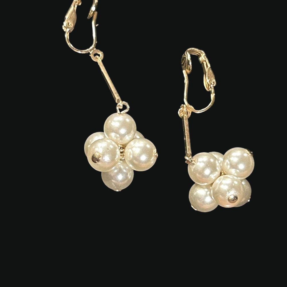 Gold Pearl Cluster Dangle Earrings Pierced Formal or Fun Updo Earrings